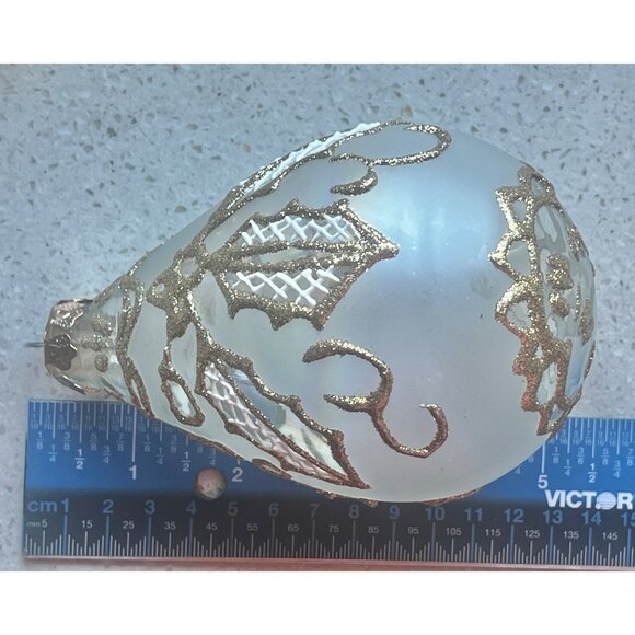 Blown Glass Frosted Teardrop Ornament With Gold Glitter Accents Iridescent Glass - Picture 3 of 5